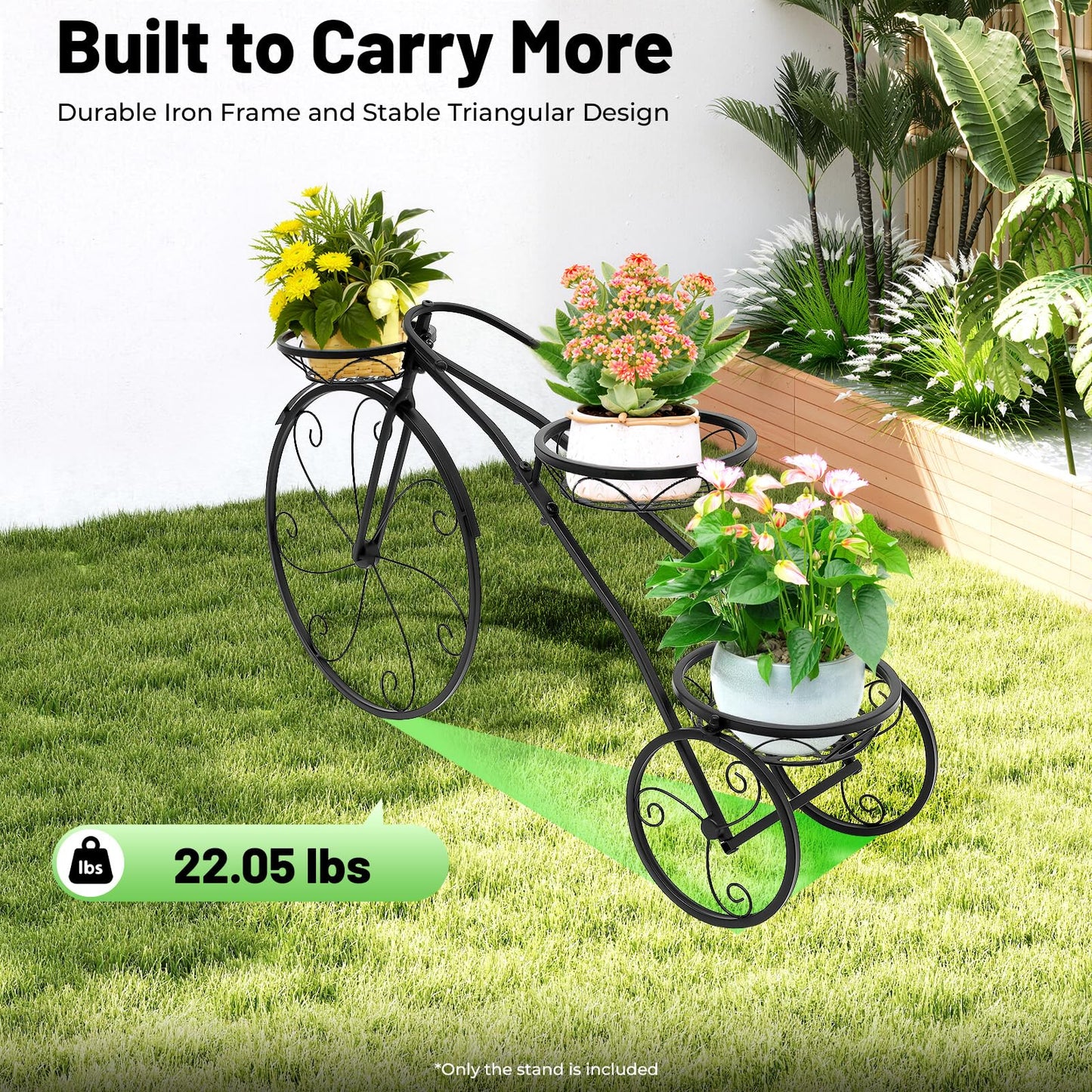 GQWQNIO Metal Bicycle Planter, 3 Tier Tricycle Flower Plant Stand with 3 Decorative Wheels, Garden Decor for Indoor Outdoor Patio Yard (Black)