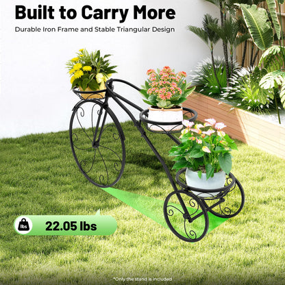 KEARIXM Bicycle Planter Stand, Metal Flower Pot Cart Holder with 3 Plant Bucket, Black Plant Stands, Metal Plant Stand, Flower Bar Cart for Garden, Wagon Planter Outdoor for Patio Balcony