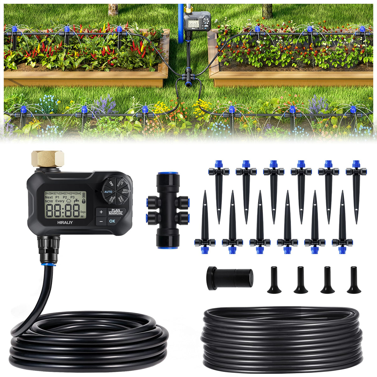 HIRALIY 50FT Automatic Drip Irrigation Kits with Garden Timer, Garden Watering System for Patio Lawn, Quick Connector Design Irrigation System Kit with Easy Programmable Water Timer