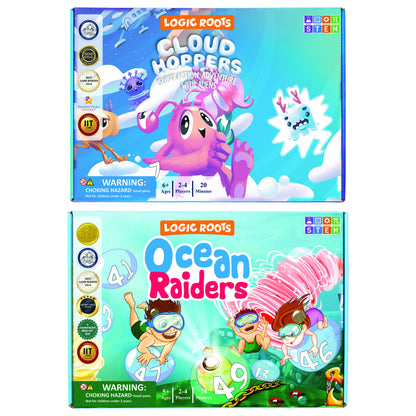 Logic Roots Addition and Subtraction Game - Fun Math Board Game for 6-8 Year Olds, Easy to Play Educational Game for Kids at Home, STEM Toy Gift for Girls & Boys (Ocean Raiders + Cloud Hoppers)