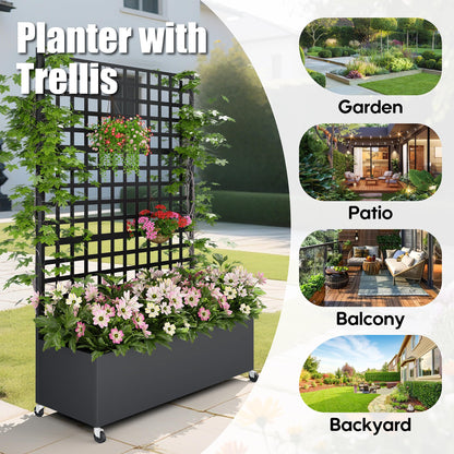 Sunnibety Metal Planter Box with Trellis Privacy Screen, Raised Garden Bed with Lattice Trellis & Wheels, Privacy Planters for Patio, Planter Box for Climbing Plants, Flower, 73"x 47"x 16", Black