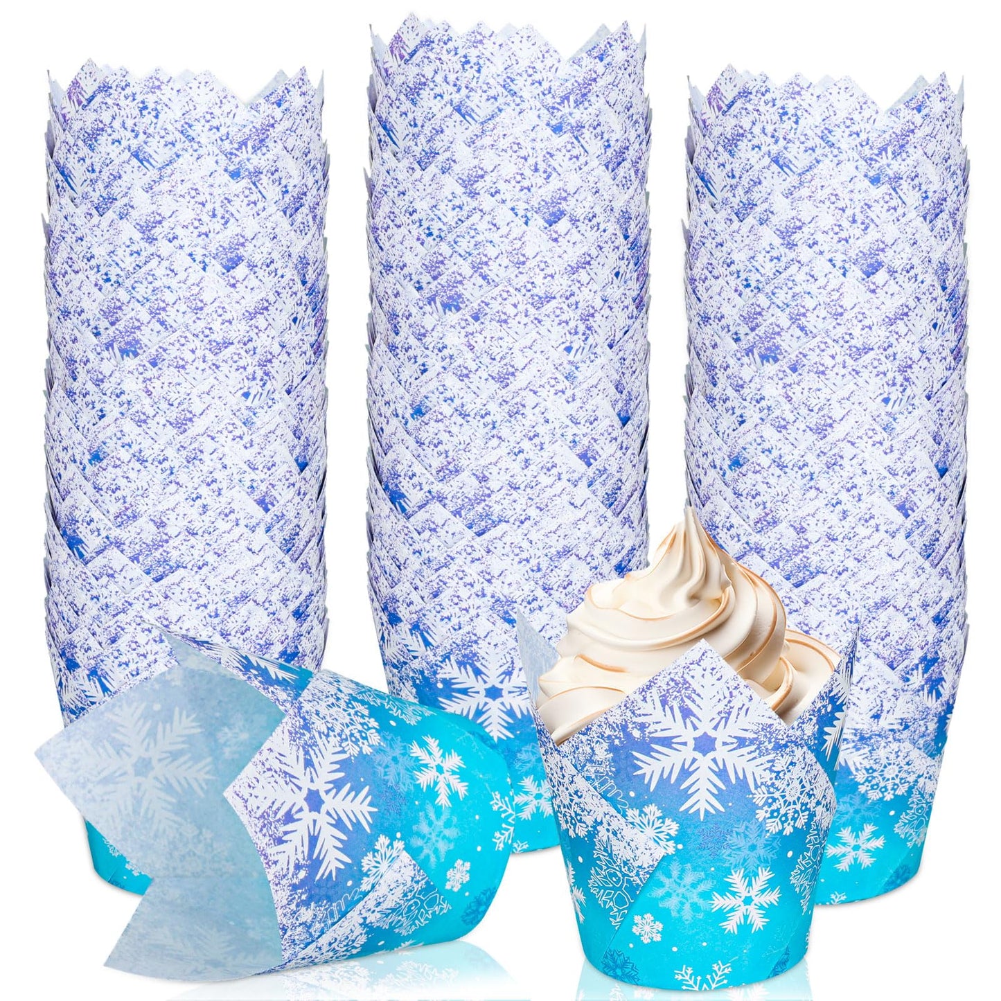JarThenaAMCS 200Pcs Winter Snowflake Tulip Cupcake Liners Christmas Blue Purple Gradient Muffin Tulip Baking Cups Xmas Bicolor Gradient Snowflake Tulip Cupcake Wrappers for Holiday Party Supplies