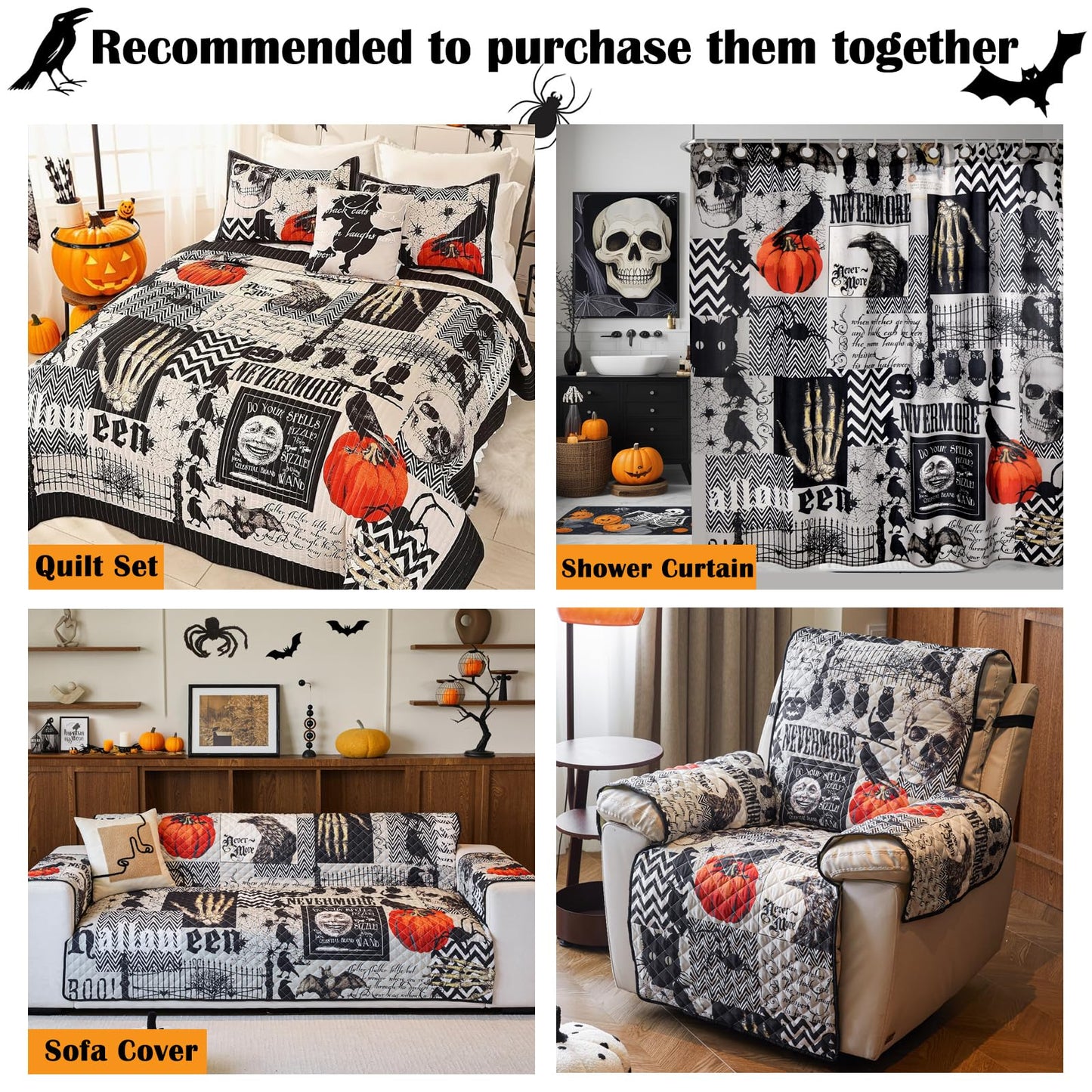 EVENHUG Halloween Sofa Cover for Festival Home Decorations Slipcover Furniture Protector Washable Couch Cover with Non Slip and Elastic Straps for Kids Pets Dogs (Recliner)