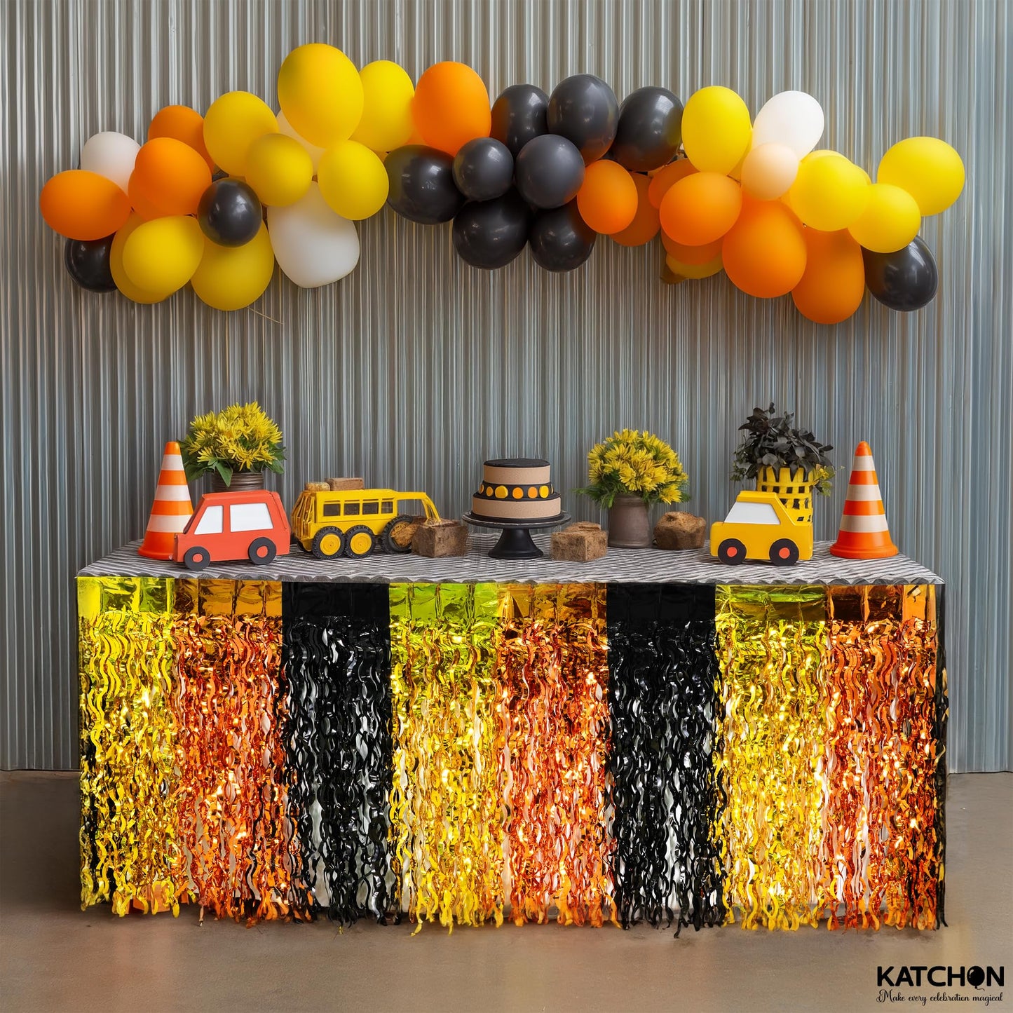 KatchOn, Black and Gold Table Fringe – Pack of 2 | Black, Gold, Orange Party Decorations | Tinsel Table Skirt Streamers for Graduation Decorations 2026 | Construction Party Decorations