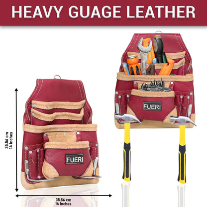 FUERI Leather Tool Belt for Men, 16 Pocket Pro Framing Combo Comes with Heavy Duty Tools Pouches, Triple Hammer holder, Adjustable Padded Belt, and 4 Suspender Loops for Electrician and carpenter's