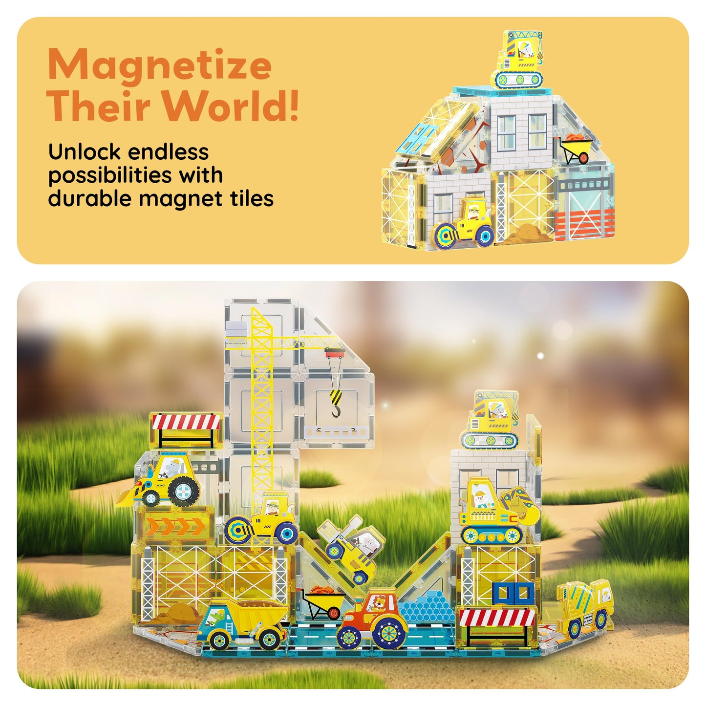 PicassoTiles Magnet Tiles Magnetic Building Blocks with 8 Construction Vehicles Crank Truck Excavator Bulldozer Road Roller Concrete Mixer Tractor Dump Truck Forklift Toys Learning Kids Ages 3+ PTQ11