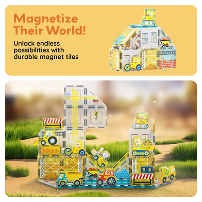 PicassoTiles Magnet Tiles Magnetic Building Blocks with 8 Construction Vehicles Crank Truck Excavator Bulldozer Road Roller Concrete Mixer Tractor Dump Truck Forklift Toys Learning Kids Ages 3+ PTQ11
