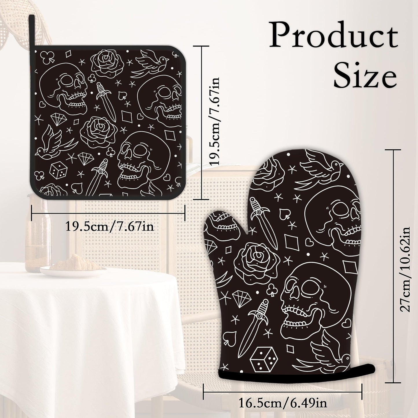 Skull Head with Rose Oven Mitts and Pot Holders Kitchen Cooking Gloves 2 Pcs Set Heat Resistant Pad for Baking BBQ Home Decor