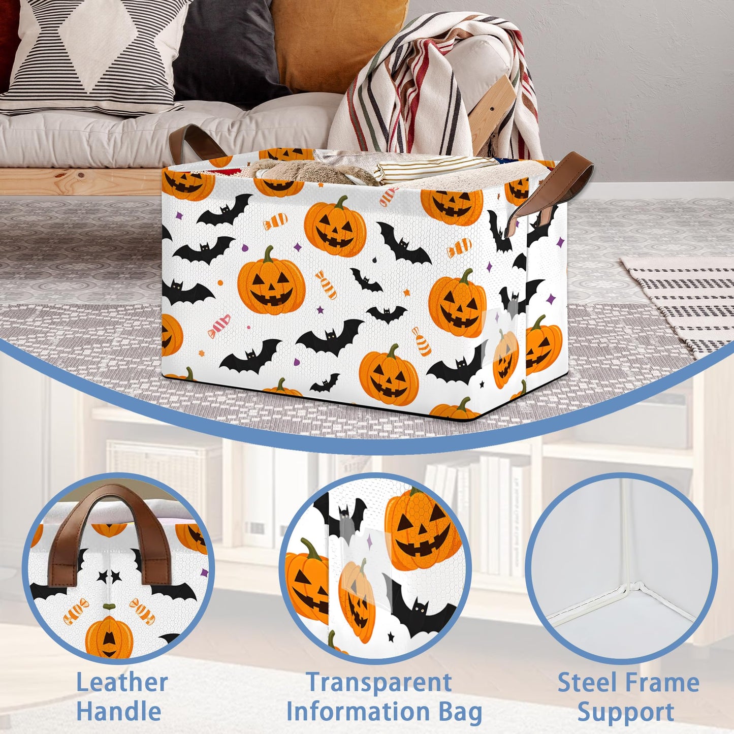 Masarua Halloween Pumpkin Bat Storage Baskets,Candy Foldable Organizer Bin with Handles for Home Living Room Bedroom Closet Box 17x11.5x10Inch