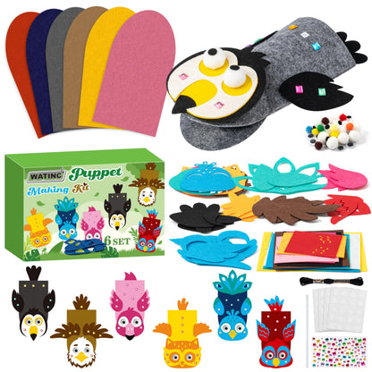 WATINC 6Pcs Hand Puppet Making Kit, Art Craft Felt Sock Puppet Toys, Creative DIY Make Your Own Pompoms Wiggle Googly Eyes Storytelling Role Play Party Supplies Gift for Girls Boys (Bird A)