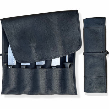 MARION - LA PETITE - Genuine Calf Top Grain Black Leather - Handcrafted Professional Chef's Knife Storage Roll Bag - 5 Pockets