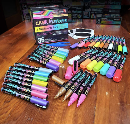 ArtShip Design 36 Chalk Markers Double Pack of Both Fine & Reversible Medium Tip Liquid Chalk Pens with Labels & Tip Tweezers Wet Erase Menu Boards, Windows, Mirrors, Non-Porous Chalkboards, Metal