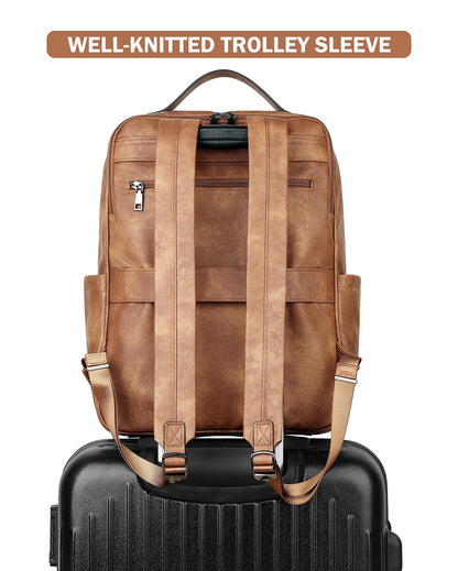 MASINTOR 15.6 inch PU Leather Laptop Backpack Purse for Women, Large College Casual Backpack Travel Bag Mocha Brown