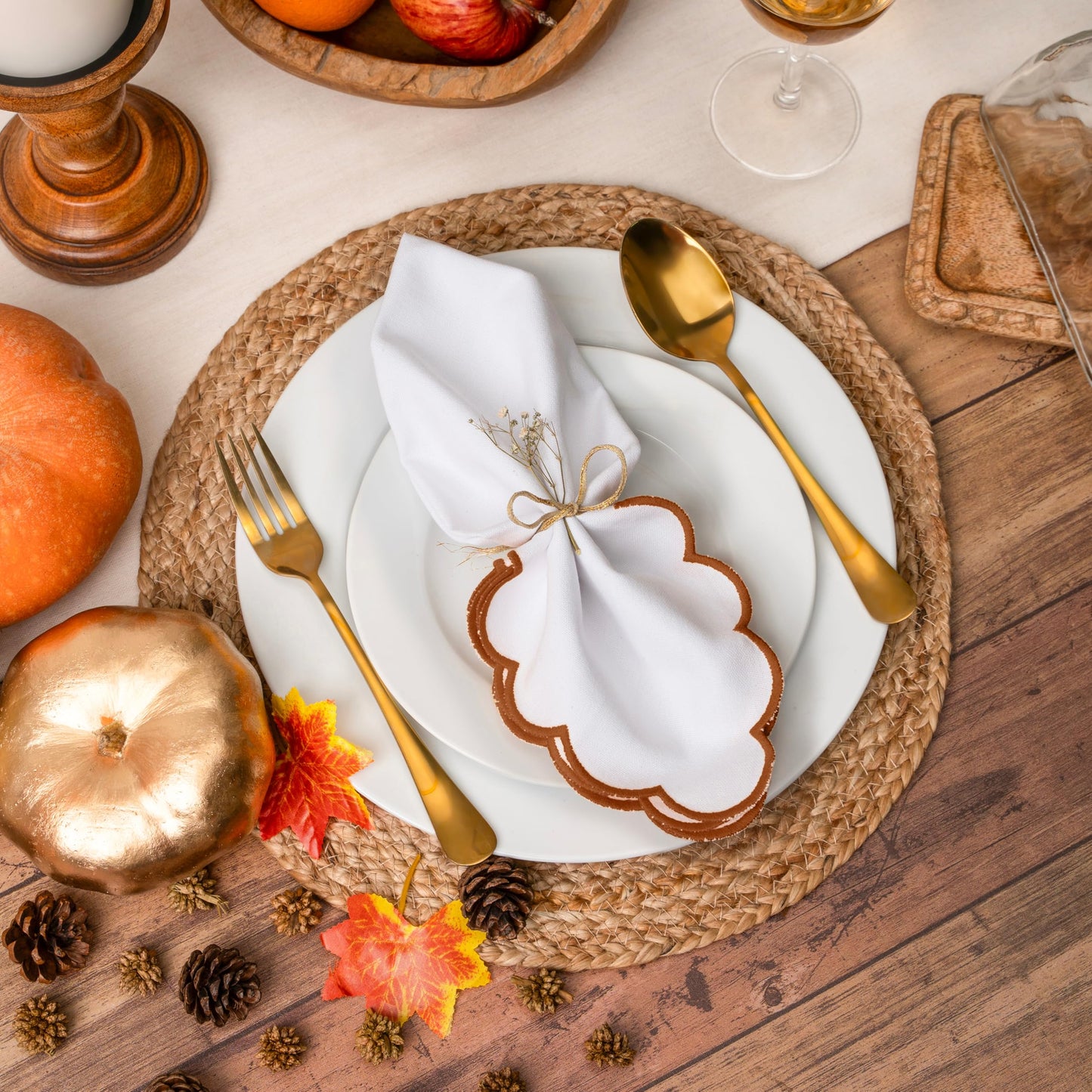 Blue Needles Scalloped Embroidery Cloth Napkins - 100% Cotton Set of 4 White Cloth Napkins with Scallop Design, 17 X 17 Inch Soft, Reusable, Washable Spring Summer Easter Table Decor - Edges - Rust