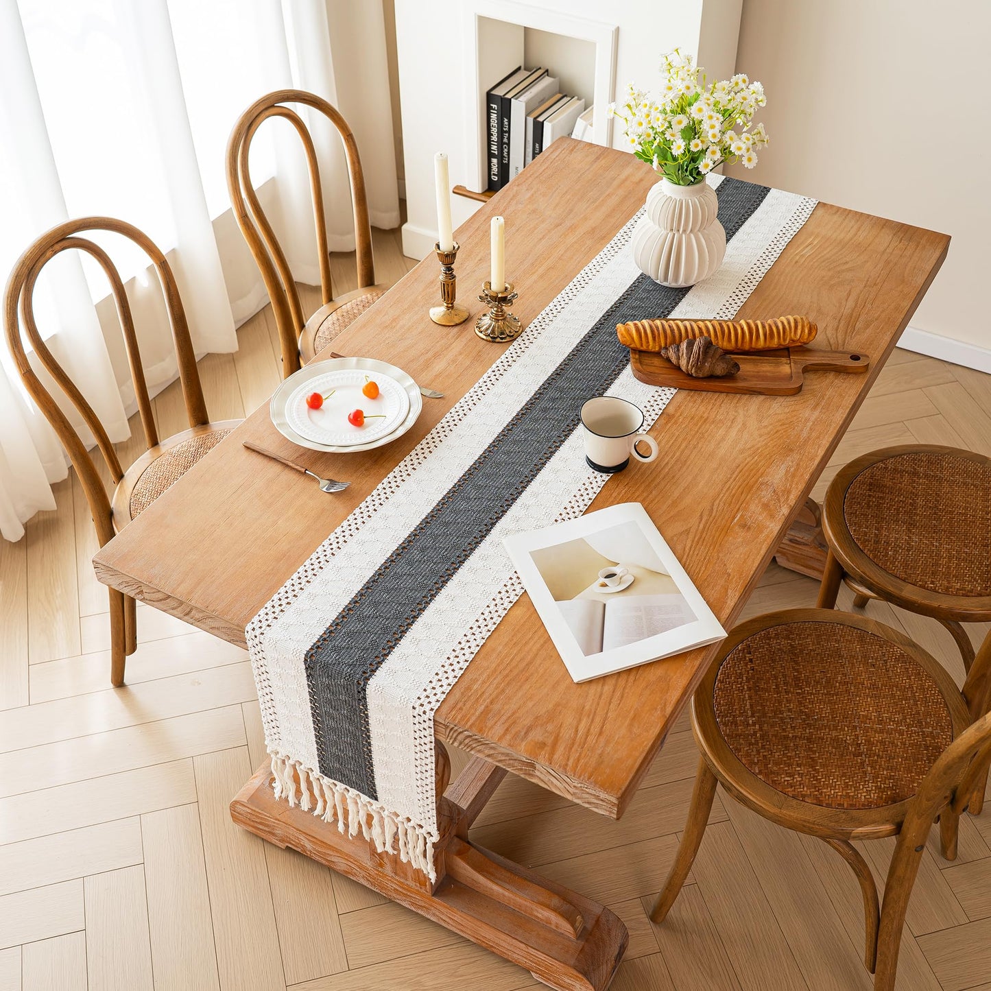 FEXIA Boho Table Runner for Summer Home Decor with Tassels 72 Inches Long Farmhouse Grey Rustic Burlap Table Runner Macrame Table Decoration for Kitchen Bedroom Living Room (12x72 Inches)