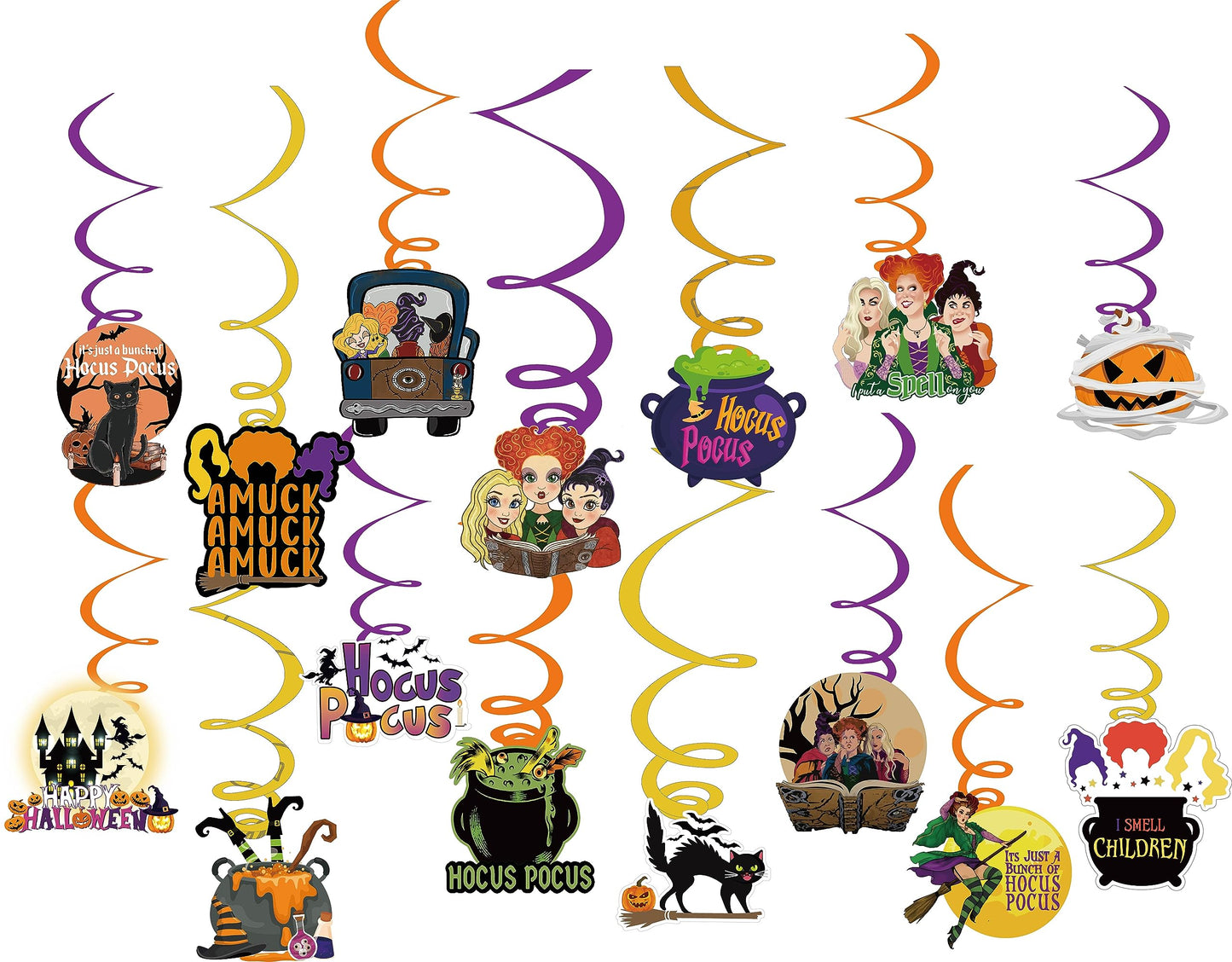 LeeSky 30Pcs Hocus Pocus Hanging Swirls, Halloween Party Streamers, Purple, Black, Orange Paper Round Streamers