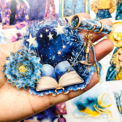 180 PCS Fantasy Midnight Aesthetic Scrapbook Stickers – Boho Watercolor Dreamy Night Sky, Moon, Stars, Girls, Crystal Ball, Witchy Celestial, Galaxy Clear Stickers for Journaling, Resin Crafts, Laptop