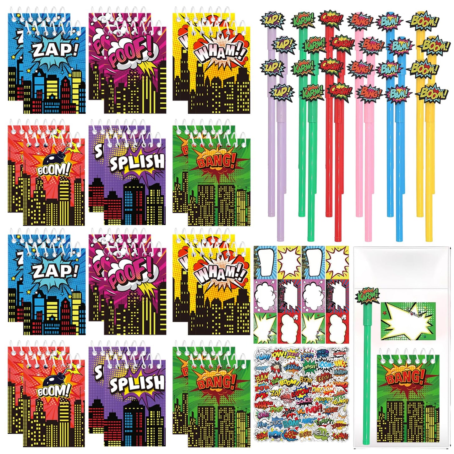 APZ 196 Pcs Hero Party Supplies Favors Include 24 Pack Spiral Notepads Ballpoint Pens Name Sticker Bags 100 Pcs Stickers for Party Birthday Goodie Bag Stuffers Teacher Classroom Rewards Supplies