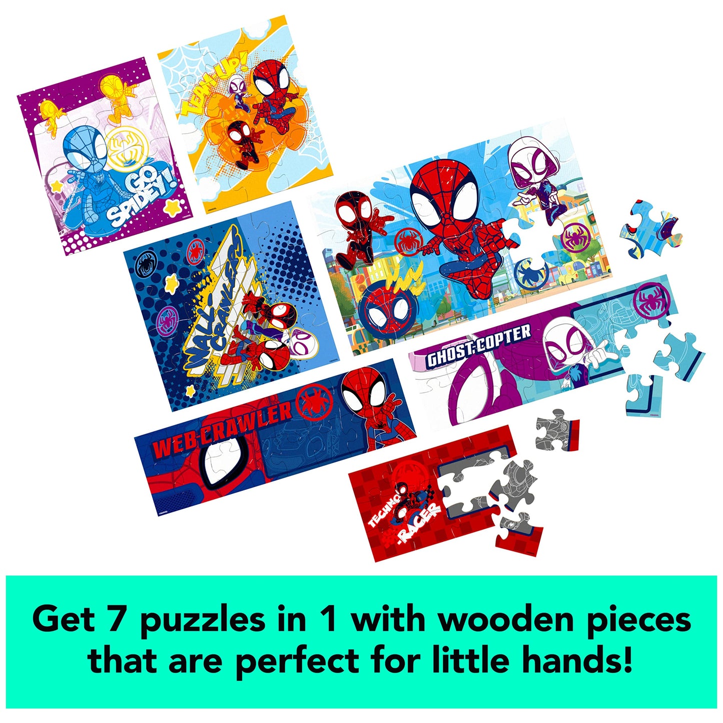Spin Master Games, Marvel Spidey and His Amazing Friends Puzzles 7-Pack, Jigsaw Kids Puzzles with Sliding Wood Storage Box, Spiderman Toys, for Kids Ages 4 & Up