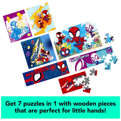 Spin Master Games, Marvel Spidey and His Amazing Friends Puzzles 7-Pack, Jigsaw Kids Puzzles with Sliding Wood Storage Box, Spiderman Toys, for Kids Ages 4 & Up