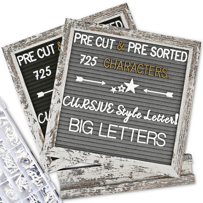 Double Sided Felt Letter Board with Rustic Wood Frame 10x10 Inch - Pre Cut & Sorted 725 Letters with Stand, Cursive Style Letters, Big Letters, Letter Organizer, Tabletop Display
