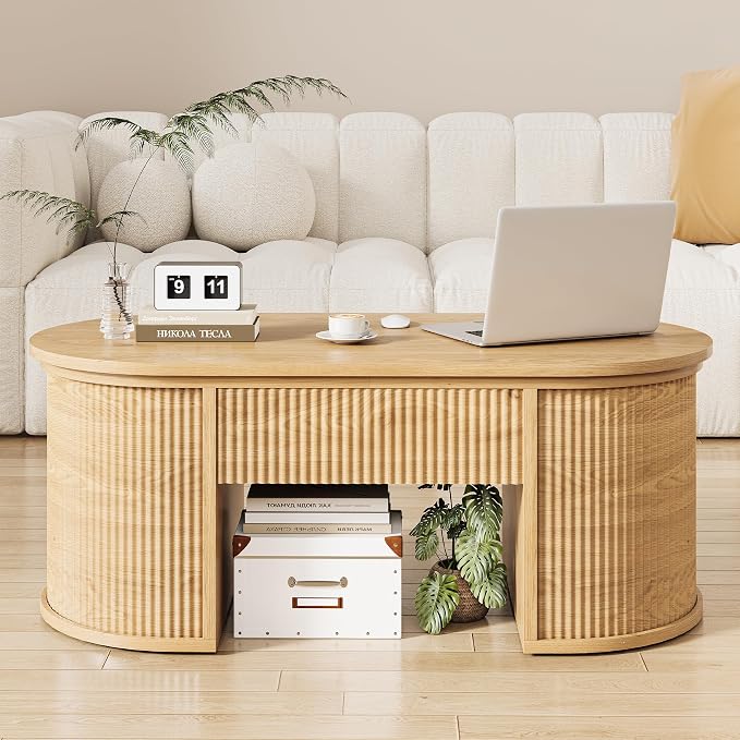 Fluted Lift Top Coffee Table with Storage, Oval Living Room Center Table with Hidden Compartment, Modern Mid-Century Wood Coffee Table for Small Spaces, Home Office, Natural