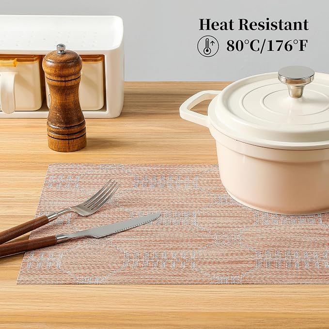 Leetaltree Coral Placemats Set of 12 - Heat Resistant Non-Slip Place mats for Dining Table, Washable Durable PVC Vinyl Woven Table Mats（Coral, 12）