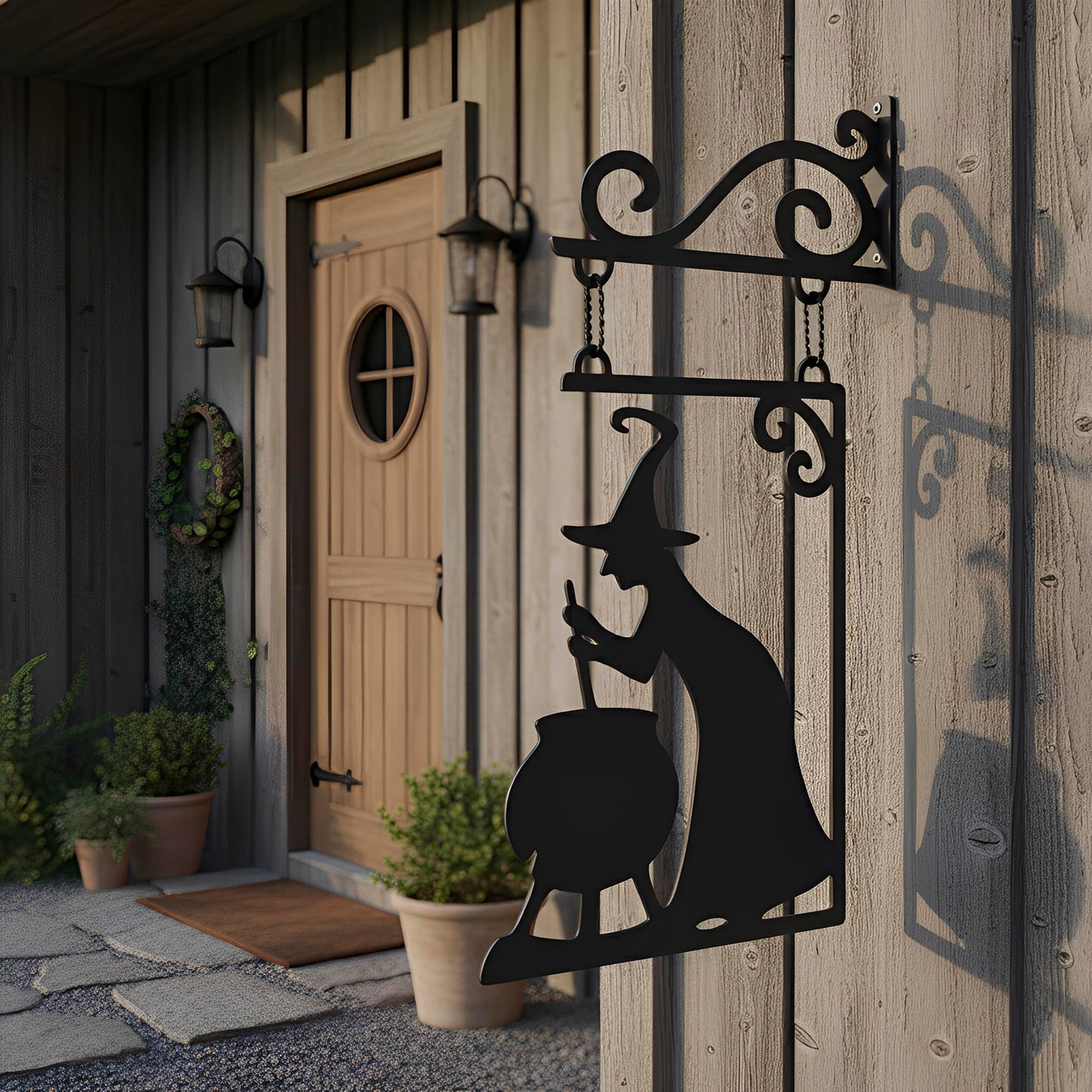 Metal Witch Silhouette Cauldron – Iron Halloween Wall Sign Hanging Art for Garden Decor, Scary Yard Ornaments, Party Supplies, Indoor Outdoor Decoration