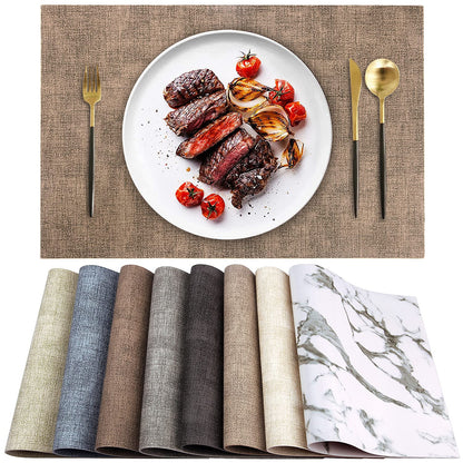 LANDVIEW Leather Heat Resistant Placemats Set of 6 Waterproof Wipeable Washable PU Table Mats,Easy to Clean Anti-Slip (6, Dark Brown)