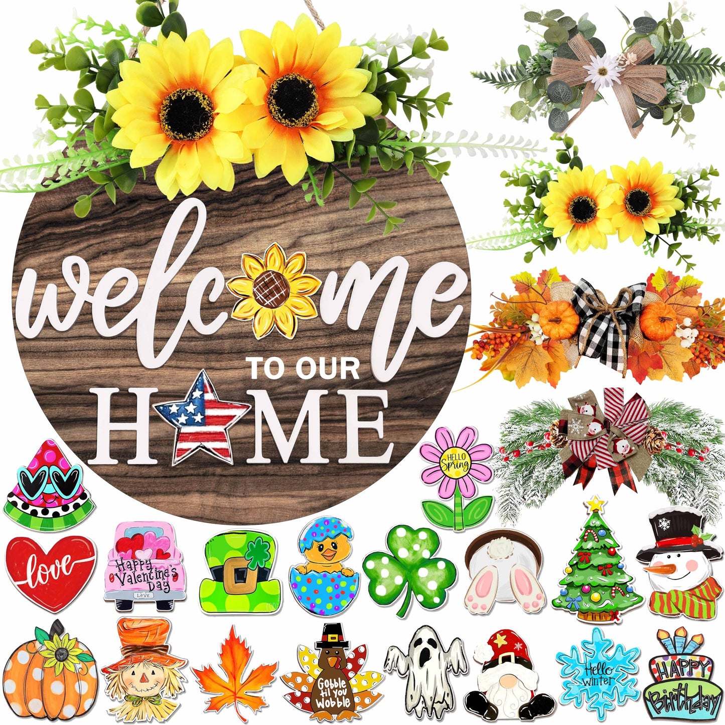 Interchangeable Welcome Sign for Front Door with 4 Seasonal Wreaths 21 Changeable Icons, Farmhouse Rustic Outdoor Welcome Signs Porch, Spring Winter Fall Decorations for Home House Warming Gifts