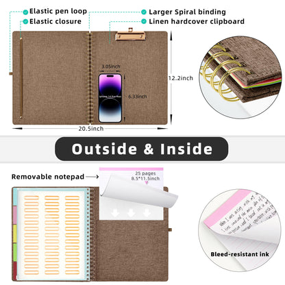 Ospelelf Brown Foldable Spiral Clipboard Folio with Storage Zipper Pouch, 5 Plastic Folders with 10 Pockets, Refillable Lined Notepad (11" x 8.5"), Linen Hardcover Project Organizer