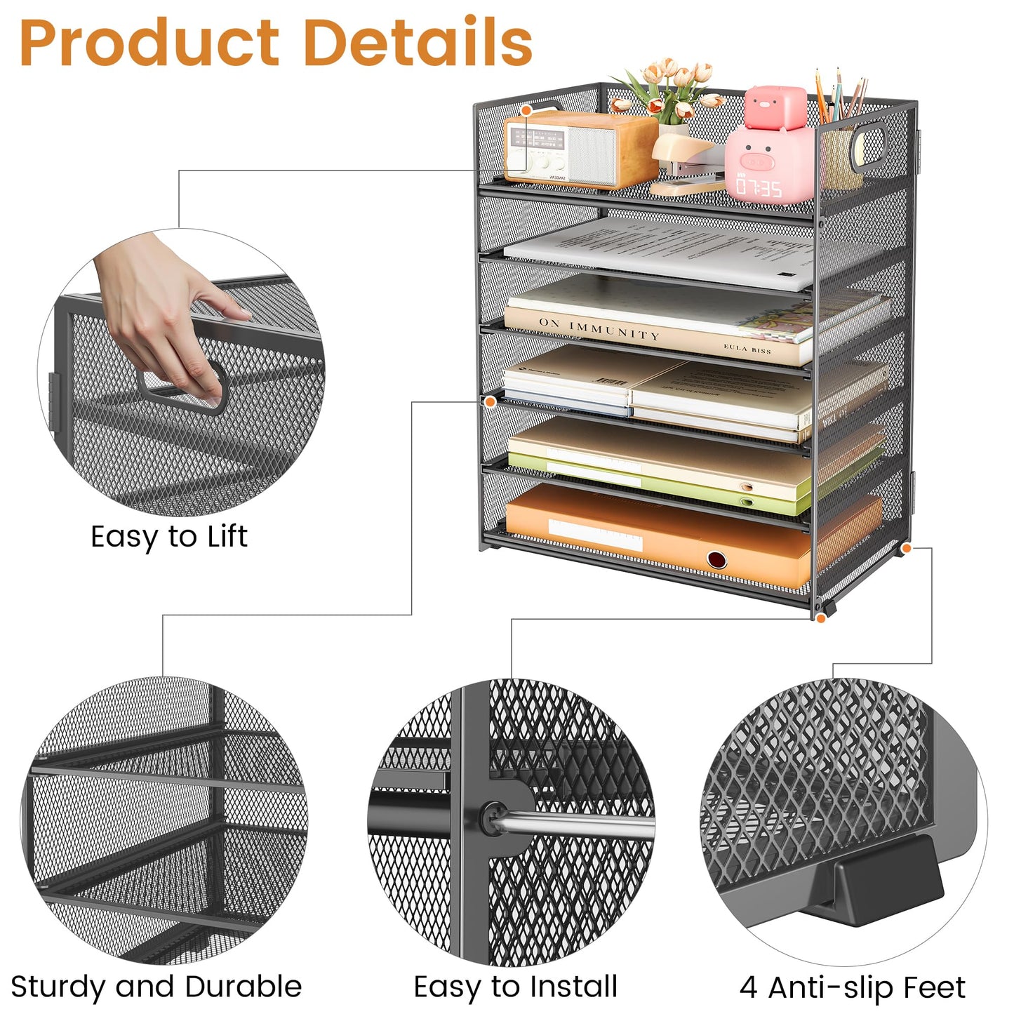 Subekyu 6-Tier Desk Paper Organizer, Desktop File Letter Tray with Handle, Document Sorter and Accessories Holder for Office, Home and School Workspace Organizers, Gray-2 Pack