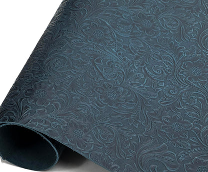 Western Style Bump Texture Geometric Pattern 2.0mm(5-5.5oz) Genuine Leather Sheet, Floral Tooling Craft Leather for DIY Projects（Navy Blue | Pattern 12"x24"）