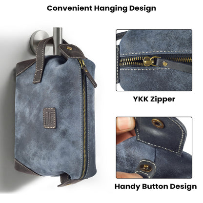 LEATHER VILLAGE Genuine Leather Dopp Kit for Men & Women with Waterproof Lining – Distressed Travel Toiletry Bag, Shaving & Bathroom Essentials Organizer - Distressed Blue
