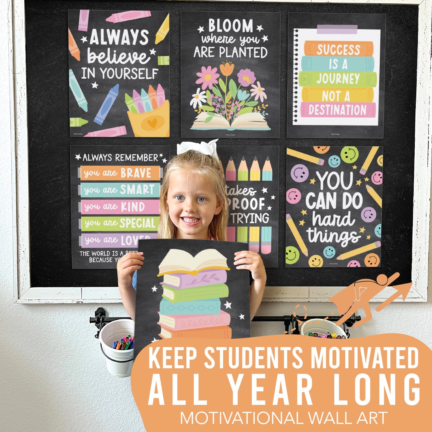 Hadley Designs Motivational Poster for Classroom Decor -9 Growth Mindset Classroom Posters Elementary, Inspirational Wall Decor Middle School, Teacher Must Haves, Chalkboard Bulletin Board Decorations