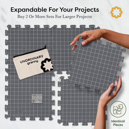 Unordinary Granny Crochet Blocking Board Set – 9 Extra Thick Interlocking Mats with Grid, 150 T-Pins, Felt Storage Bag and Cotton Pouch – Blocking Board for Knitting, Crochet & Other Craft Projects