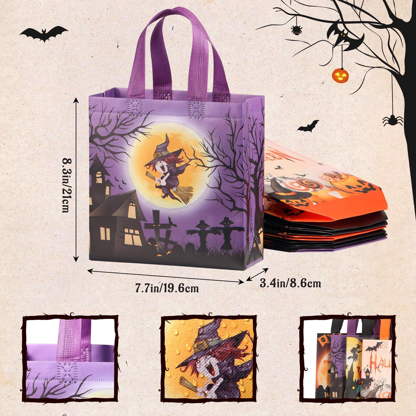 TONESPAC 24 PCS Halloween Trick or Treat Bags, Non-woven Reusable Tote Halloween Candy Gift Bags with Handles for Gift Giving, Party and Trick or Treat (7.9 x 7.9 x 3.15 inch)