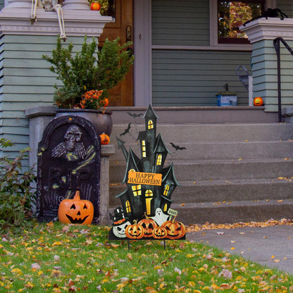 Glitzhome 32" H Halloween Metal Haunted House Yard Stake/Hanging Decor,Halloween Pumpkin Bats Ghost Garden Yard Sign for Lawn Decorations Outdoor Garden Halloween Party Decor