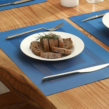 Leetaltree Blue Frame Placemats Set of 8 - Heat Resistant Non-Slip Place mats for Dining Table, Washable Durable PVC Vinyl Woven Table Mats（Blue Frame, 8）