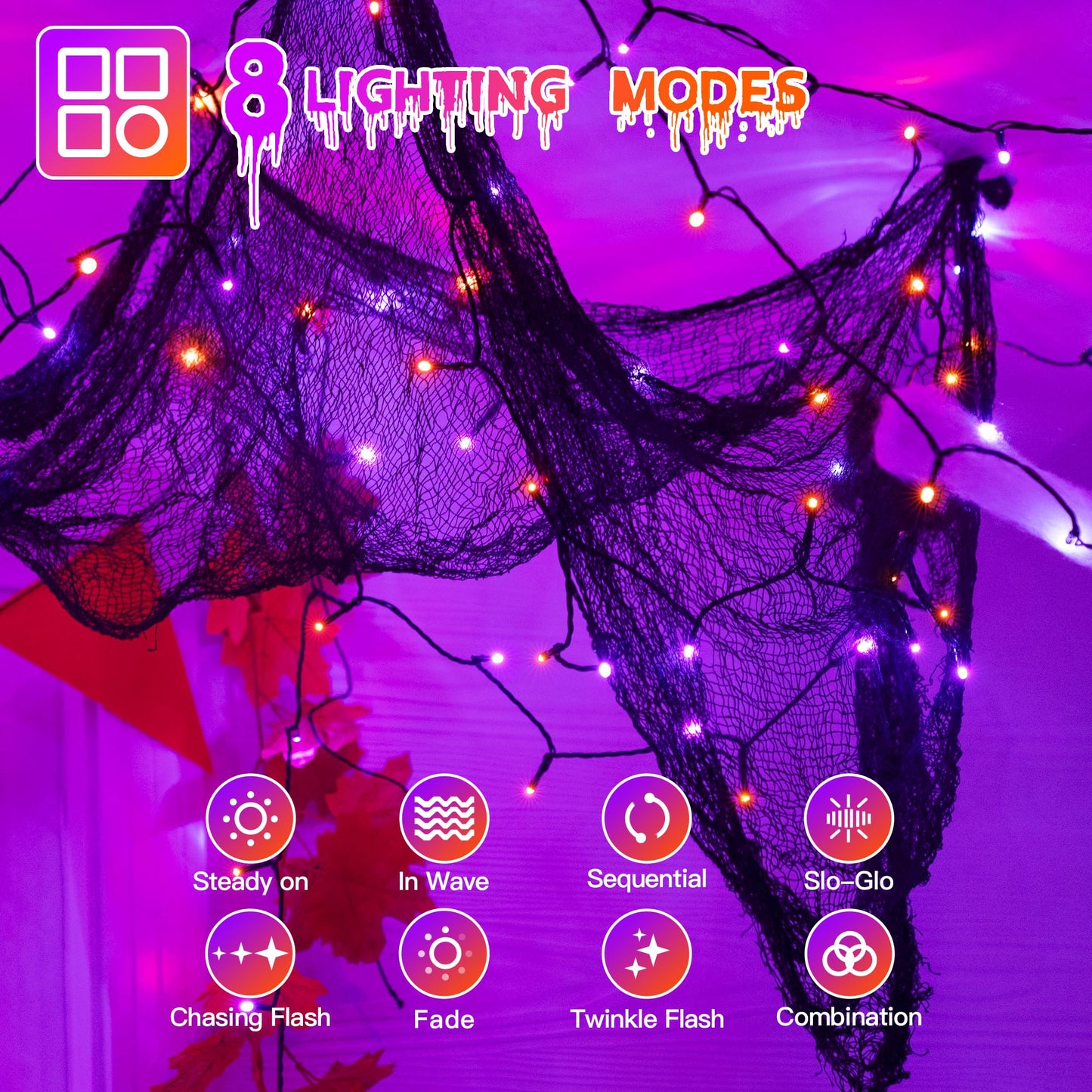 Guhope 66FT 200 LED Halloween Lights, Orange + Purple Halloween Lights Outdoor with 8 Lighting Modes, Waterproof String Lights for Halloween Christmas Outdoor Party Yard Garden Decoration