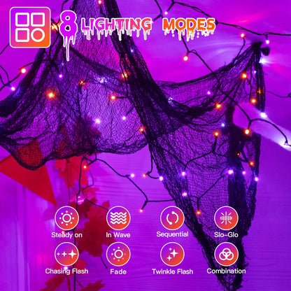 Guhope 66FT 200 LED Halloween Lights, Orange + Purple Halloween Lights Outdoor with 8 Lighting Modes, Waterproof String Lights for Halloween Christmas Outdoor Party Yard Garden Decoration