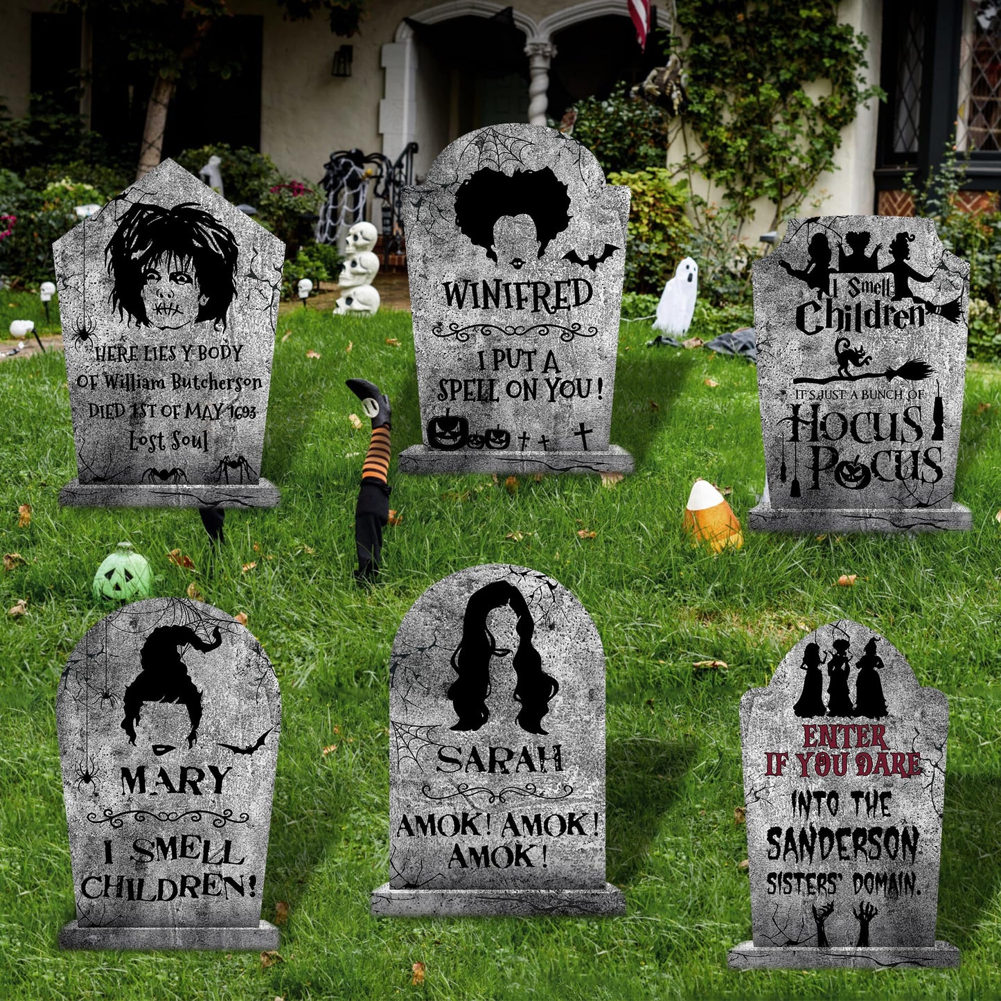 Hocus Pocus Outdoor Halloween Tombstones Decorations, 6Pcs Hocus Pocus Witches Tombstone, Outdoor Halloween Gravestone Yard Signs Decor, Scary Graveyard Yard Signs for Kids Home Party