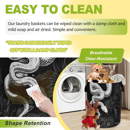 Snake Laundry Basket Floral Prints Funny Foldable Waterproof Oxford Cloth Tote Bag Laundry Hamper Round Large Clothes Storage Bucket Organizer For Bathroom/Laundry Storage/Bedroom 18.9x16.5 Inch