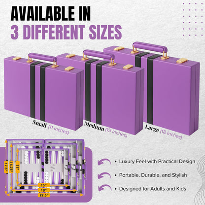 Premium Backgammon 18 Inches Large Purple - Backgammon Sets for Adults and Kids - Leatherette Back Gammon Board Game Set - Travel Backgammon Set Board Encased with Accessories