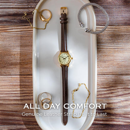 Miykon Dainty Minimalist Casual Dress Watches for Women – Small Easy Reader Analog Watch with Genuine Leather Strap and Second Hand – Japanese Quartz, Waterproof to 100ft (Brown Strap, Gold Case, Gold Dial, 26mm)