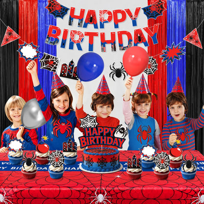 Black Red and Blue Birthday Party Decorations, 67 Pcs Spider Balloons Party Supplies with Table Cloth, Happy Birthday Banner Garland, Foil Fringe Curtains, Spider Cake Topper for Cartoon Shower Theme