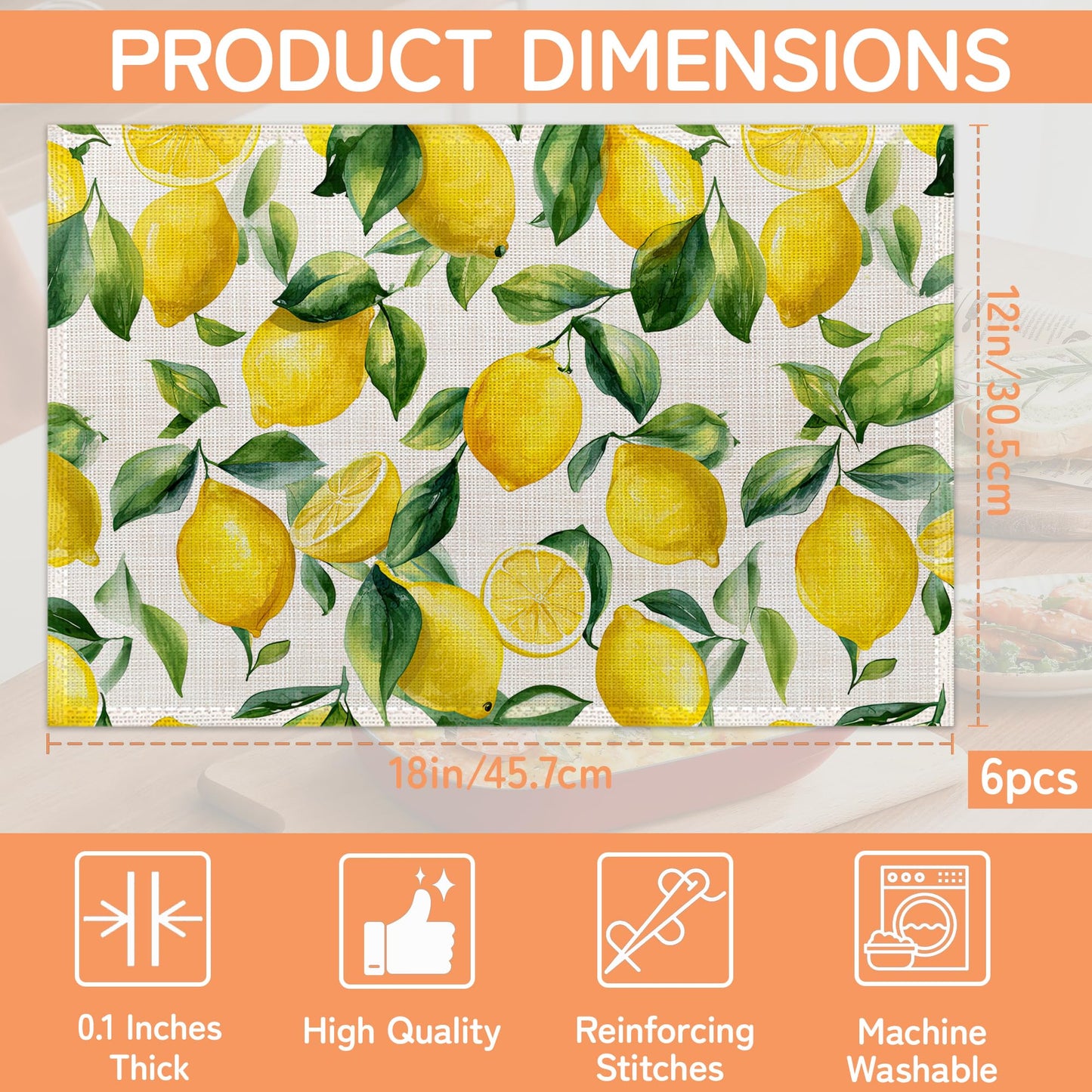 Lemon Placemat Set of 6,Heat Resistant Linen Table Mats for Indoor Outdoor Home Kitchen Dining Room Table 12x18Inch