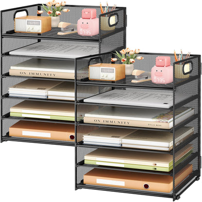 Subekyu 2-Pack 6-Tier Paper Tray Organizer for Desk - Black Mesh File Folder Sorter with Handles, Desk Letter Holder for Office, Home, School Supplies Storage & Organization