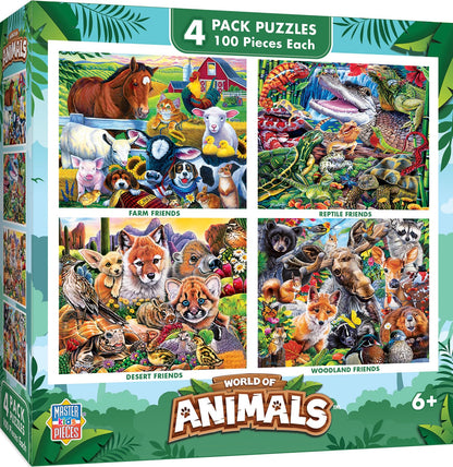 MasterPieces – Jigsaw Puzzle Set for Kids 6+ Years, 4-Pack of 100 Pieces, Educational and Fun Game, World of Animals Collection V2, Gift Idea for Children, 8" x 10"