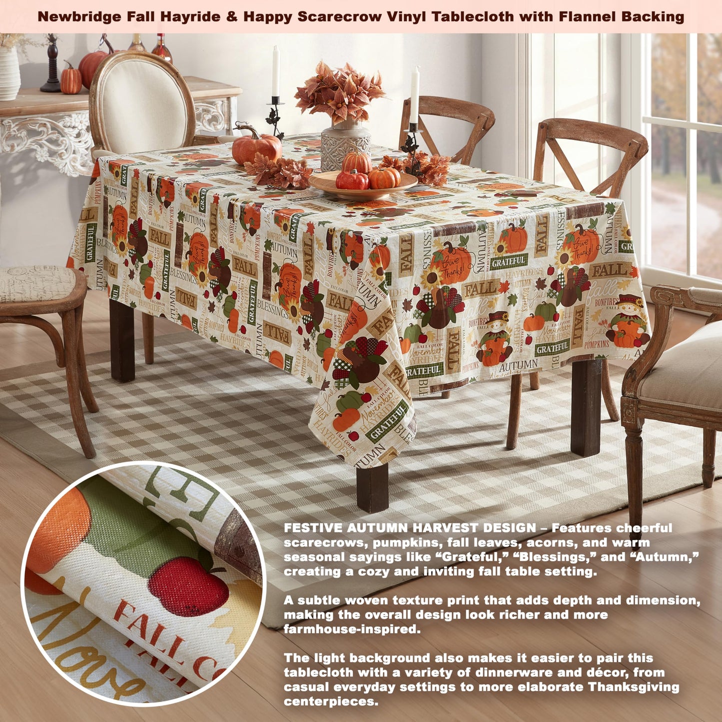 Newbridge Fall Hayride & Happy Scarecrow Vinyl Tablecloth with Flannel Backing, 52 x 70 Inch Rectangle – Gingham Turkeys & Pumpkins Rustic Thanksgiving Table Cover